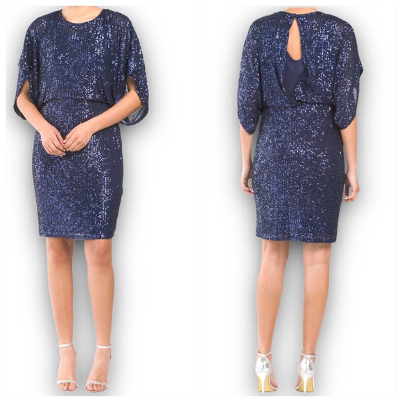 MARINA Dresses & Skirts - NWT Marina Cocktail Dress Blouson Keyhole Back Navy Blue Sequin Size 14